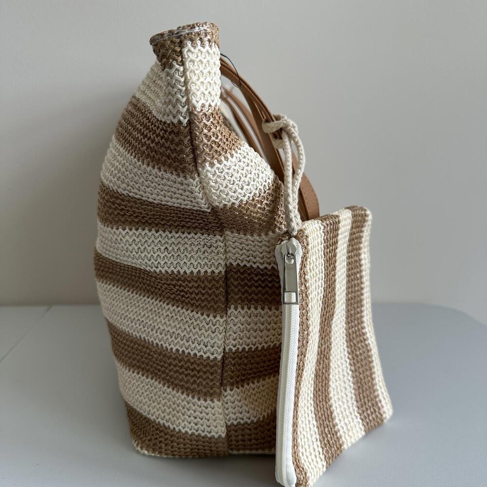 Hadley Wren Mira Tote Bag Beige Stripe Colorway Zipper Top & Bonus Wristlet NEW - Picture 2 of 12